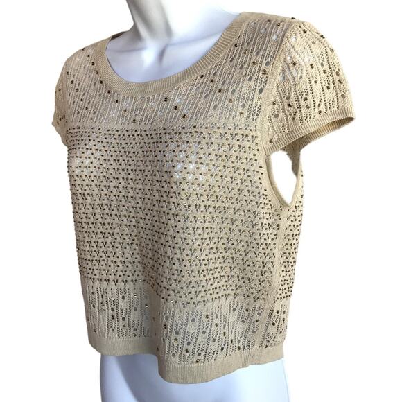 Alice + Olivia Linen Blend Pointelle Knit Beaded Cap Sleeve Cropped Sweater Top - Picture 6 of 9